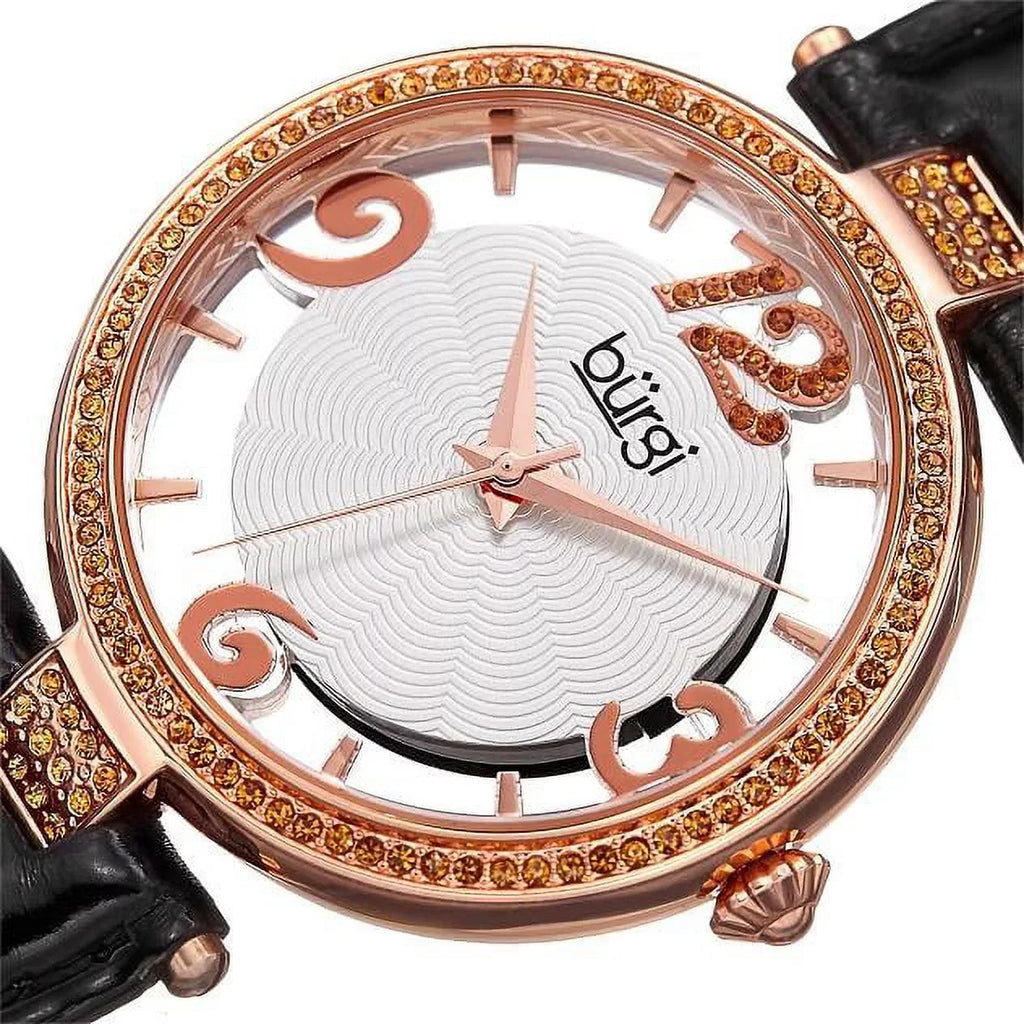 Women's BUR150BKR Rose Gold Quartz Watch with Swarovski Crystal Accents and See Thru Dial with Black Leather Strap
