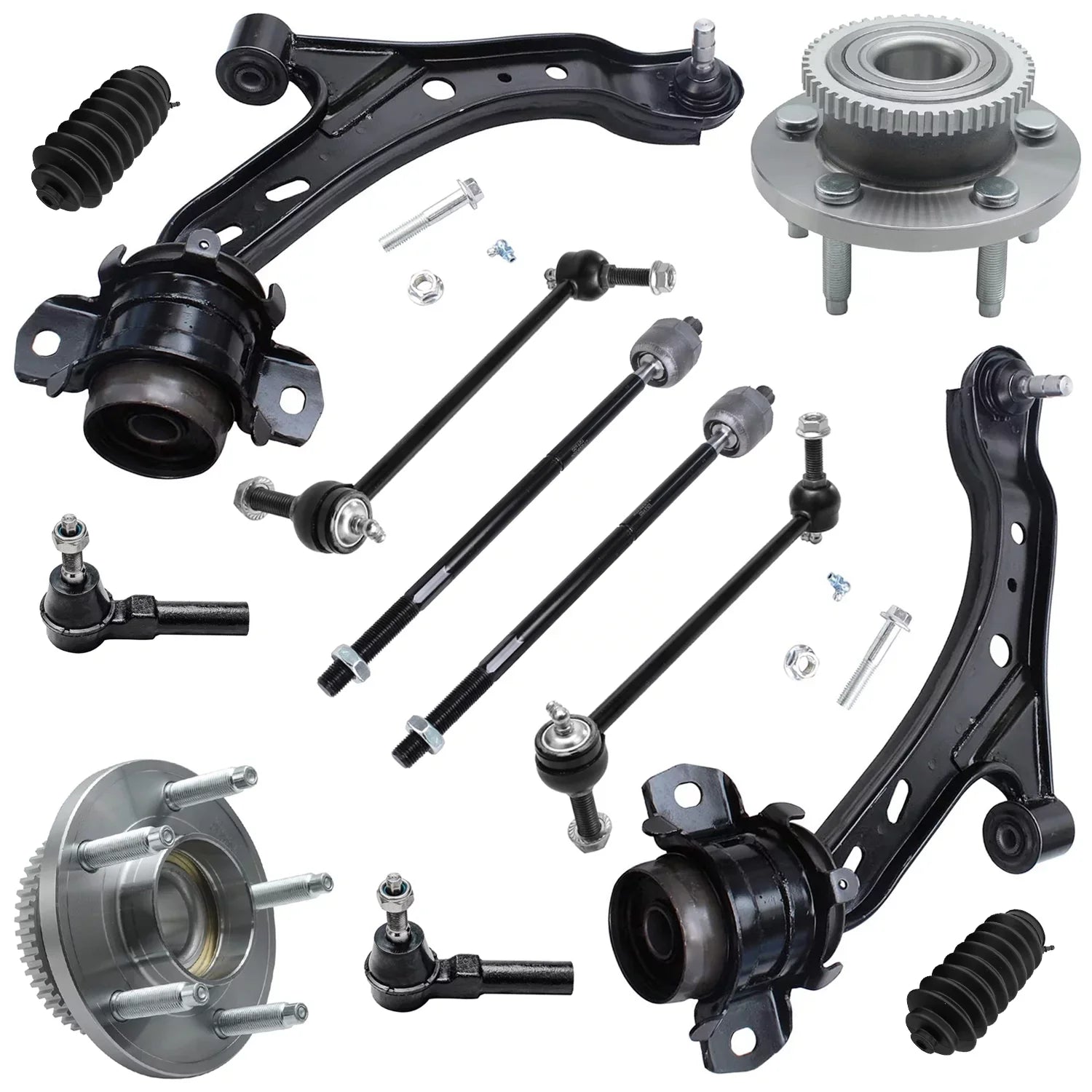 Detroit Axle - Front 12pc Suspension Kit Ford Mustang 2005 2006 2007 2008 2009 2010, 2 Lower Control Arms 2 Sway Bars 4 Outer Inner Tie Rods 2 Wheel Bearing and Hubs 2 Boots Replacement - Exclusive Design