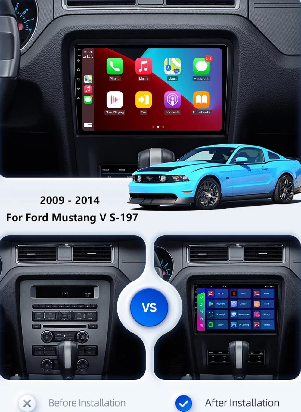 For Ford Mustang 2010-2014 10.1" Android 11 Car Radio Stereo Carplay GPS Navi 2G+32G